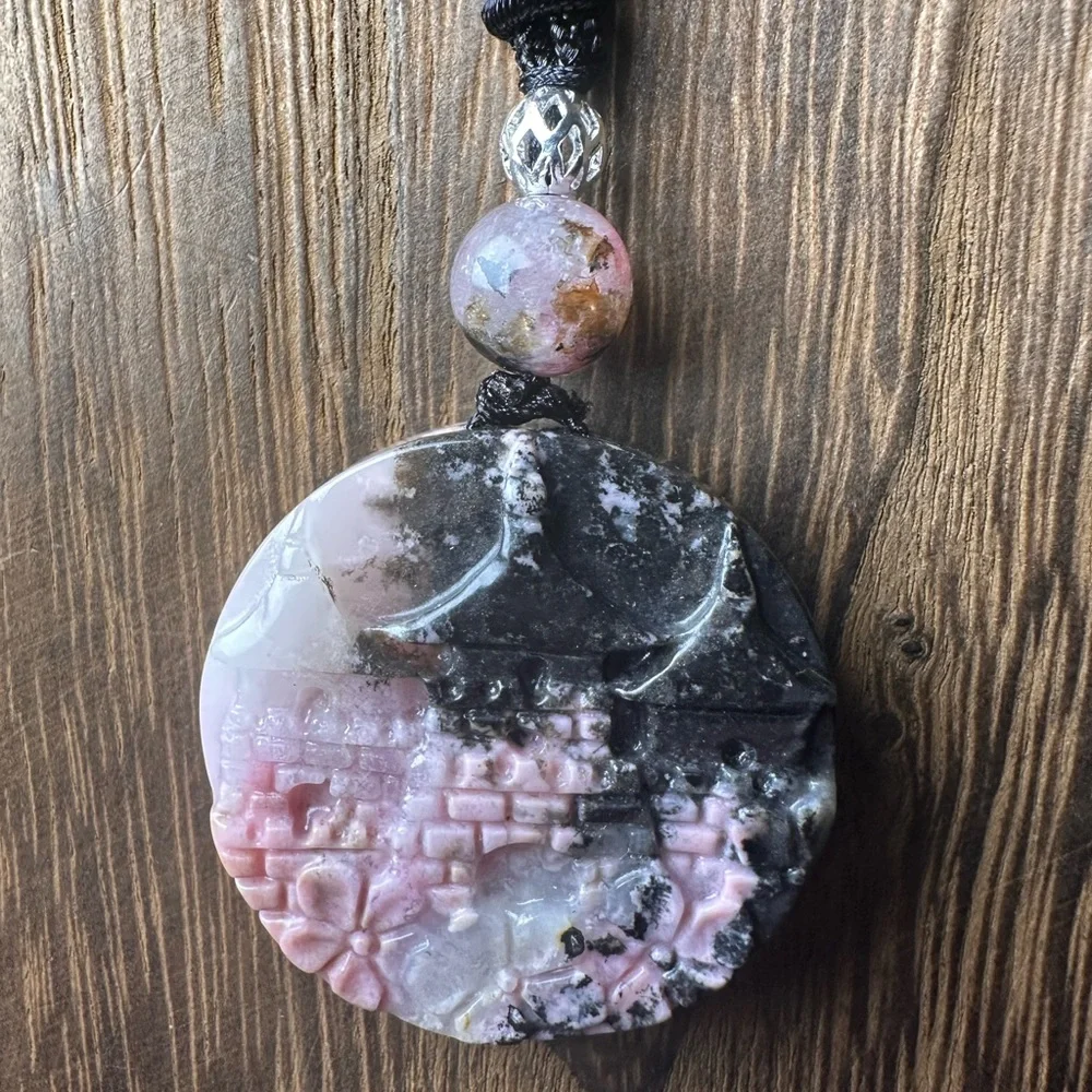 Icy Rhodonite Landscape and Flowers Pendant Necklace on Black Adjustable Rope - Picture 8 of 16
